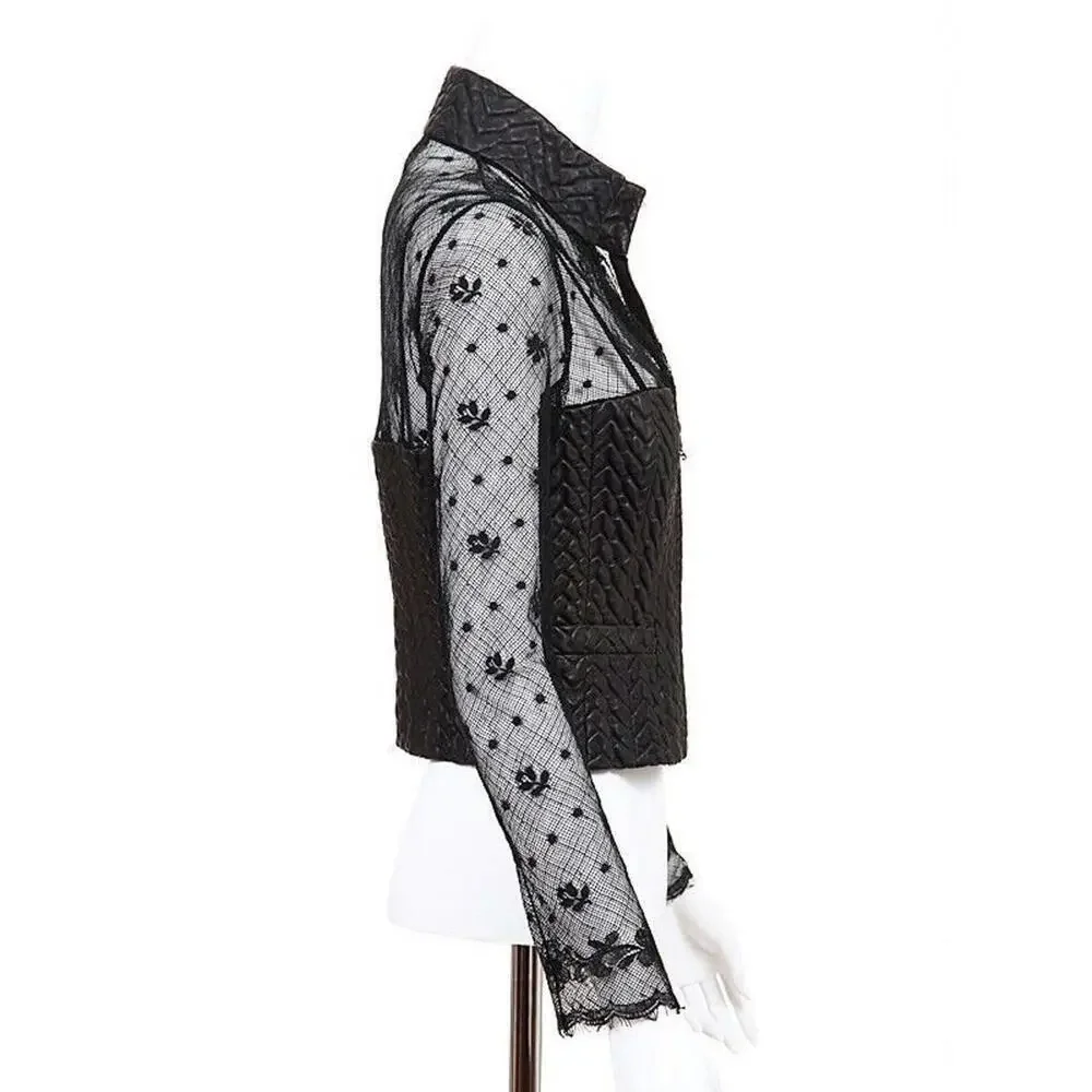 03A CHANEL Leather Lace Black Top 2003 Rare Long Sleeve FR-36 Blouse Jacket